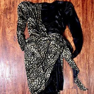Black Satin and Gold leaf Wrap dress. Size Small.